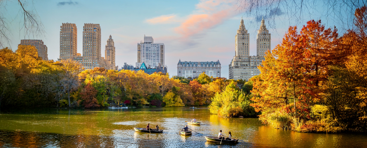 An autumnal skyline view of the plaza hotel and other skyscrapers in Manhattan's Central Park. People row boats in a small lake in the foreground.