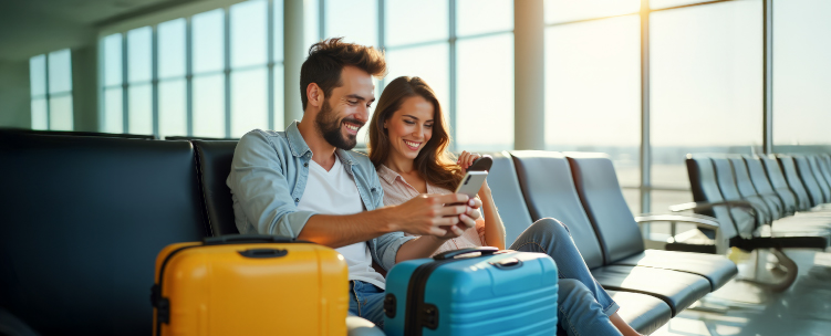 A young couple with suitcases sits in the airport and reviews information on their phones.